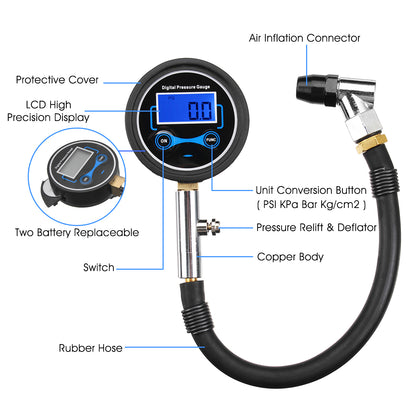 Car Motorcycle Van 0-200Psi Digital LCD Tyre Tire Air Pump Pressure Gauge Tester Tools