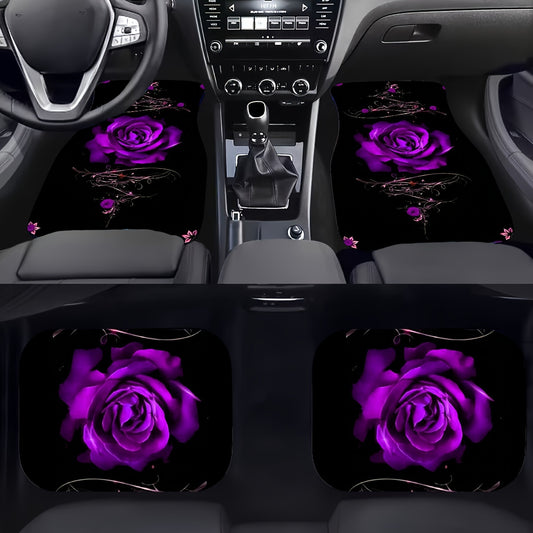 4pcs Universal Rose Print Car Floor Mats - Secure Non-slip Design, All-Weather