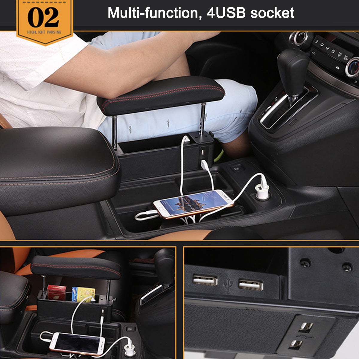 Car Universal Armrest Storage Box With Multi Function 4USB Socket Organizer