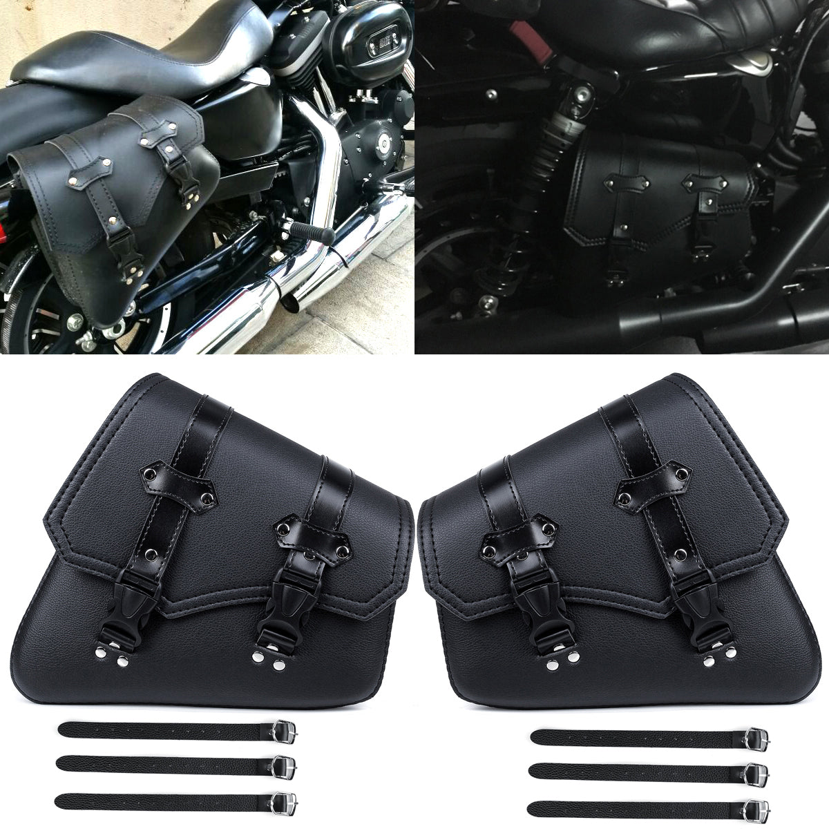 Motorcycle Saddlebags Release Buckle Black PU Leather Universal Organizer