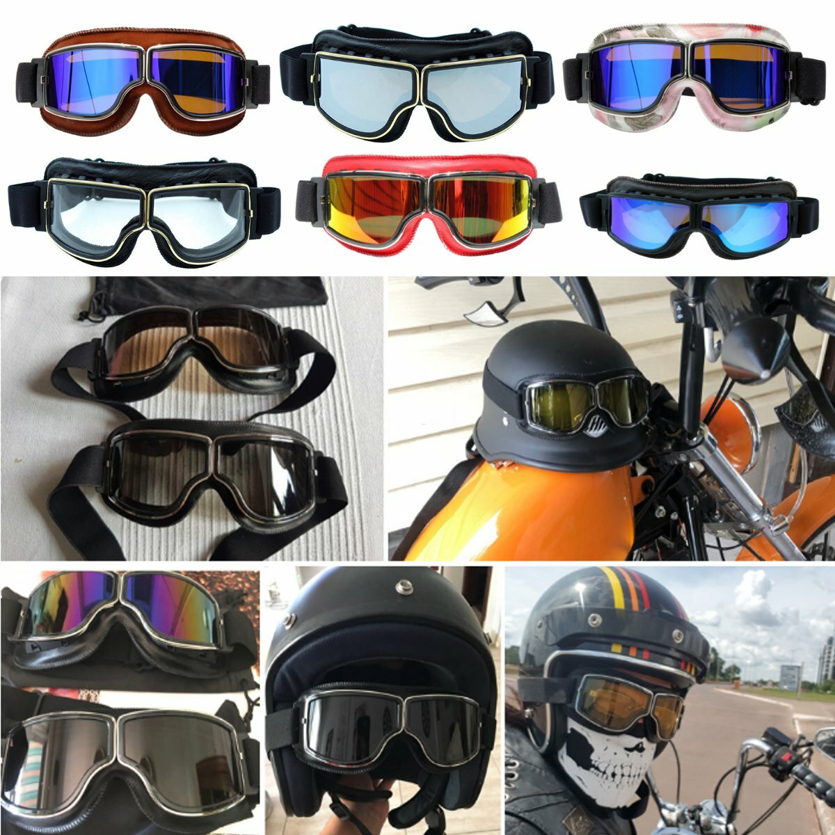 Motorcycle Vintage Goggles Leather Glasses Cruiser Folding Eyewear