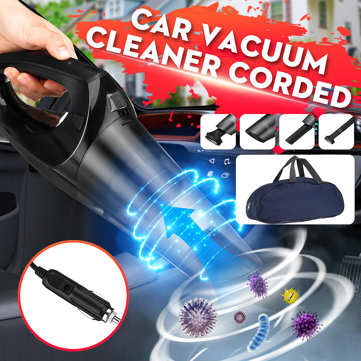 Car Vacuum Cleaner 56W 12V Handheld Portable Duster Dirt Suction