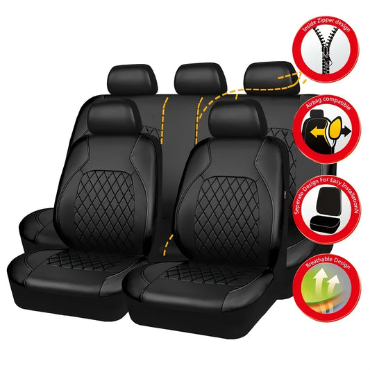 5-Seat Universal Car Seat Covers - Luxurious Black Faux Leather, Durable Protection